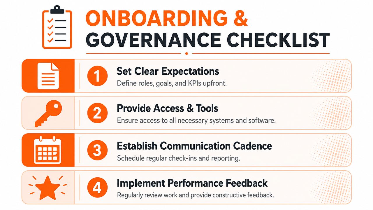 An infographic titled Onboarding and Governance Checklist detailing four essential steps for business management success.