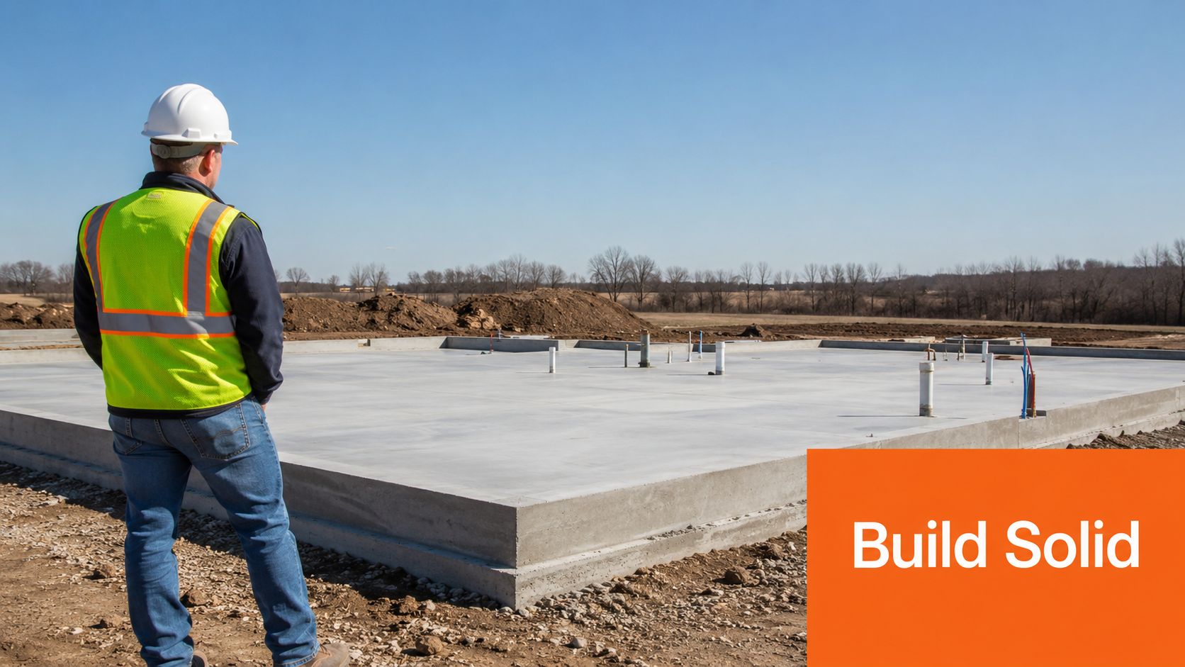 A construction worker in a hard hat and safety vest standing before a newly poured concrete foundation.