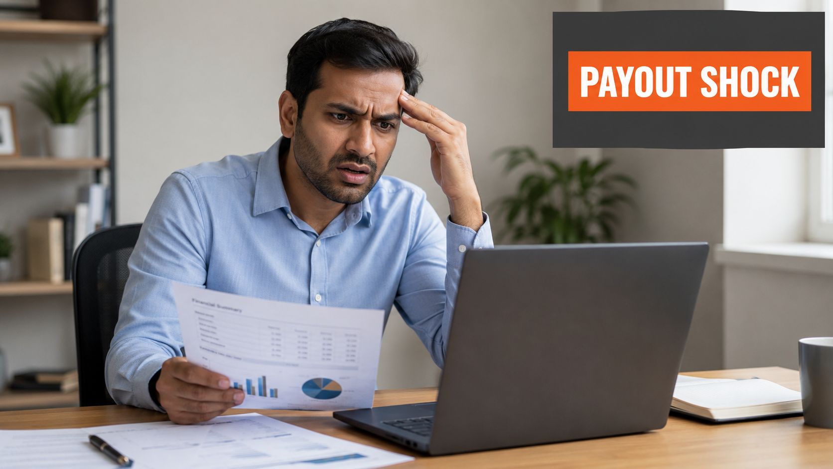 A worried man sitting at a desk looking at a financial summary while working on a laptop.
