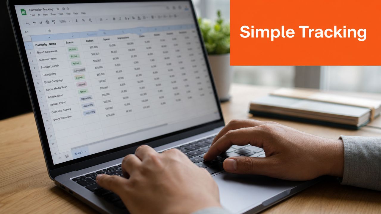 A person working on a laptop displaying a spreadsheet for tracking marketing campaign data and budgets.