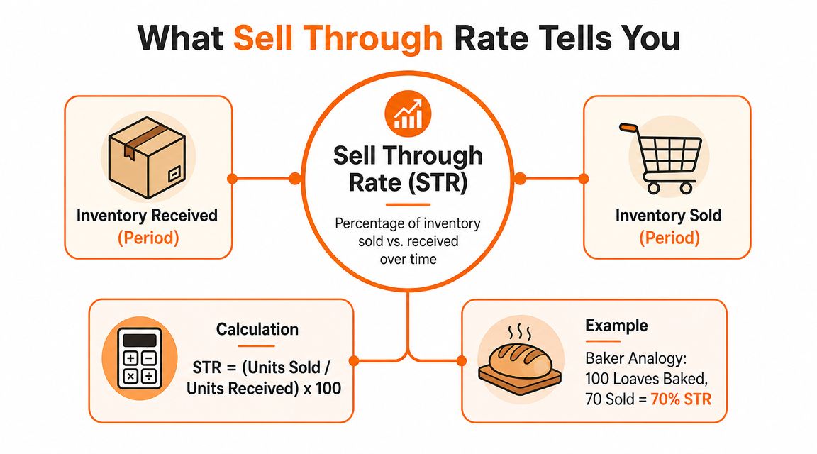 An infographic explaining the sell through rate formula using an inventory and baker analogy.