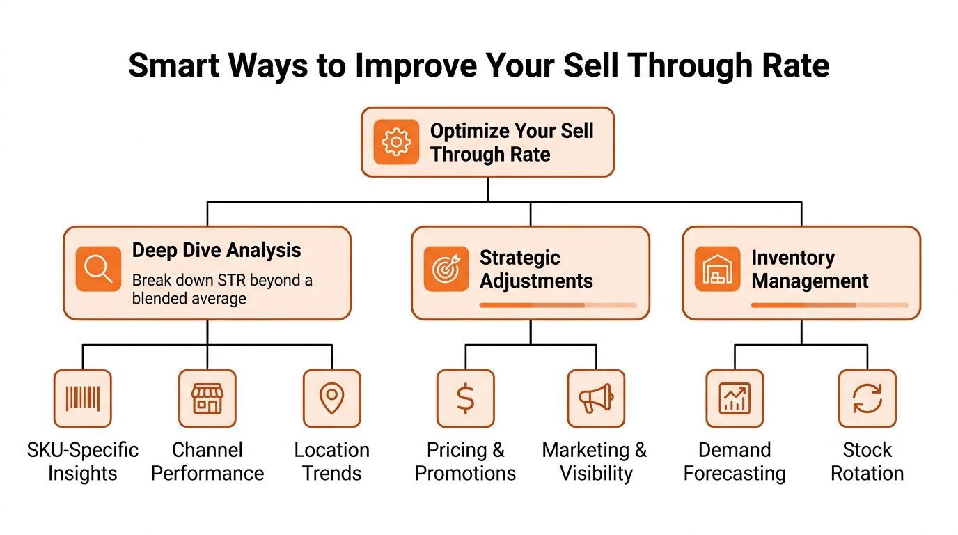 A flowchart infographic titled Smart Ways to Improve Your Sell Through Rate, outlining optimization strategies and tactics.