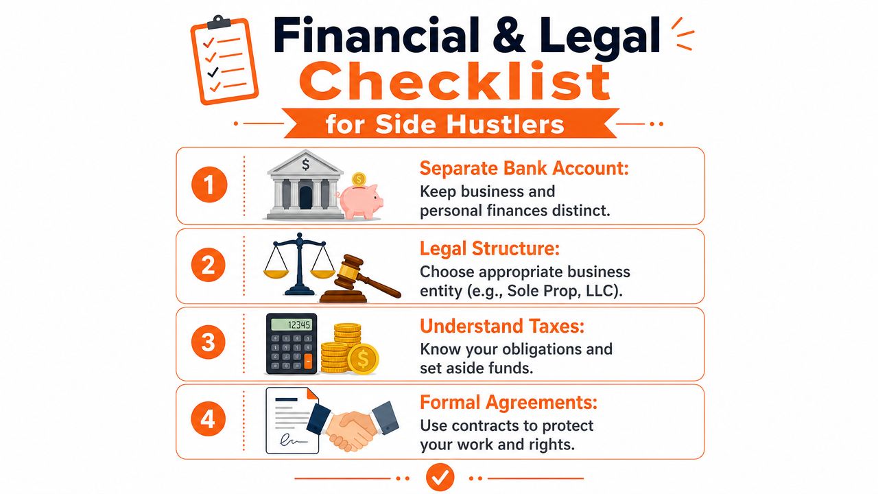 A financial and legal checklist infographic for side hustlers outlining four essential business preparation steps.
