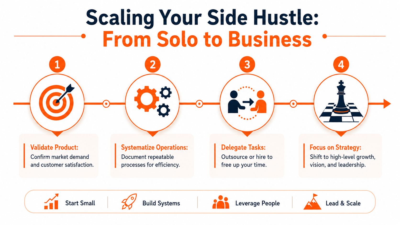 An infographic showing a four-step process for scaling a side hustle into a sustainable business.