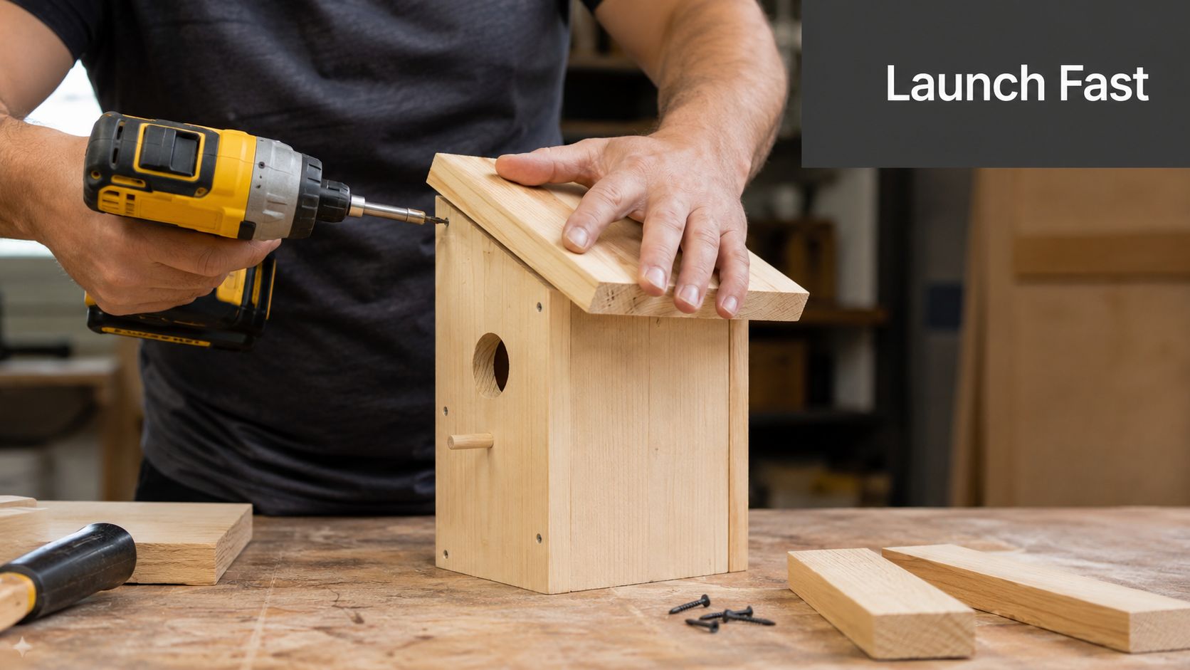 A woodworker is using a power drill to assemble a handmade wooden birdhouse on a workbench.