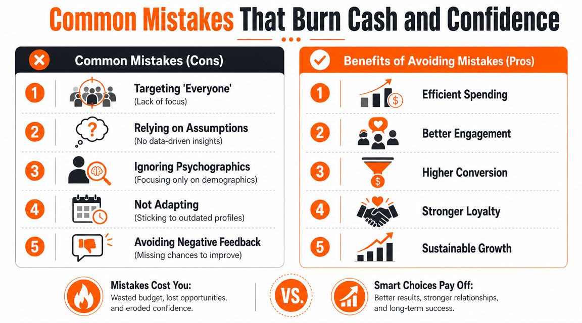 A comparison chart showing five common marketing mistakes versus the benefits of avoiding those specific errors.