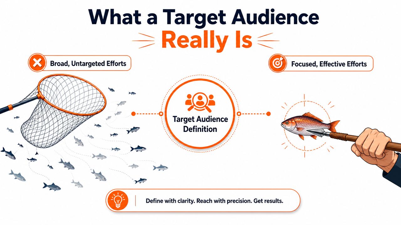 An infographic contrasting broad, untargeted efforts using a fishing net with focused, precise target audience marketing strategies.
