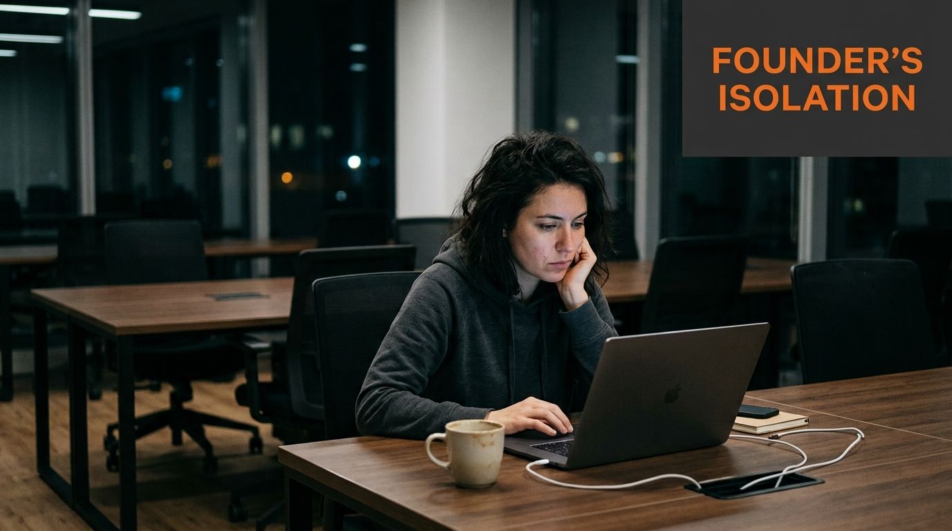 A weary woman sits alone in a dark office working late on her laptop with a coffee mug.