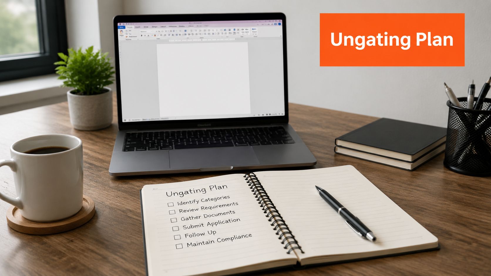 A wooden desk featuring a laptop, a coffee mug, and an open notebook with an ungating plan list.