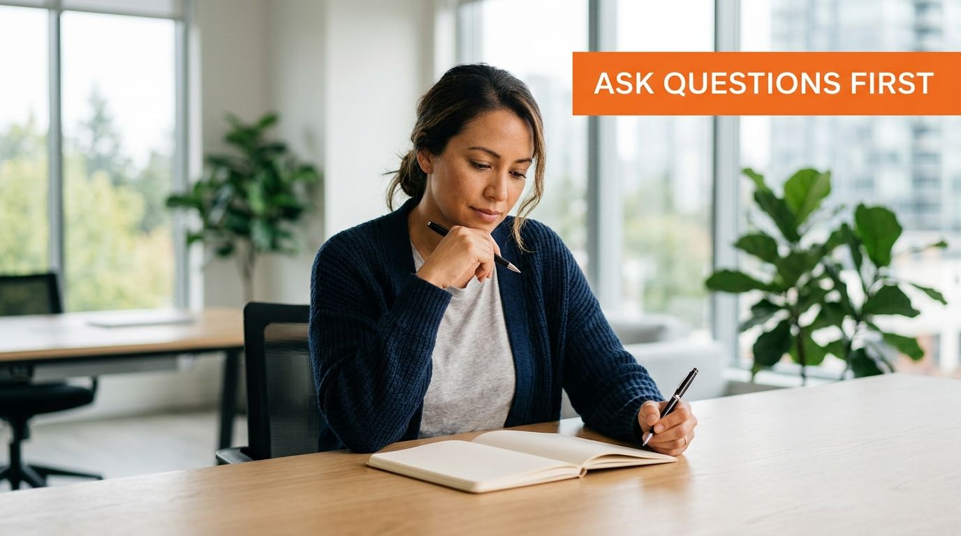 A professional woman sits at an office desk while thoughtfully writing in her notebook during business hours.
