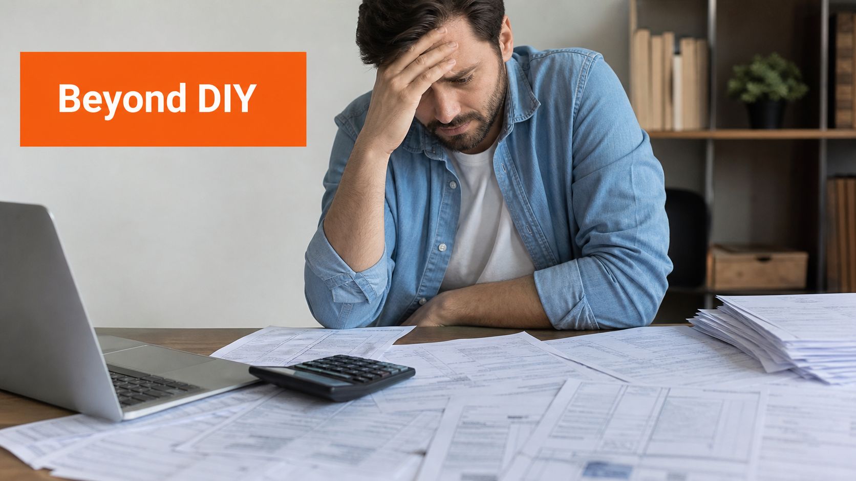 A stressed man sitting at a desk overflowing with financial documents and a calculator, feeling overwhelmed.