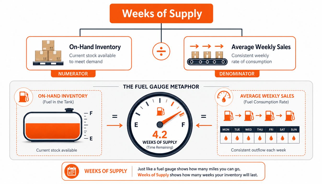 A diagram explaining weeks of supply using an inventory, consumption rate, and a fuel gauge metaphor.