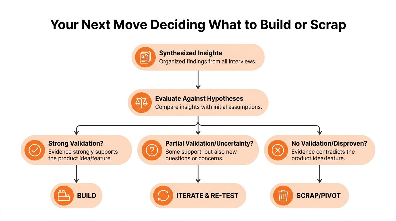 A decision flowchart illustrating how to act on product ideas after conducting customer discovery interviews.