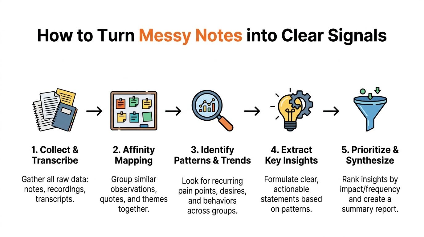 A five-step process diagram illustrating how to transform messy raw research notes into clear, actionable insights.