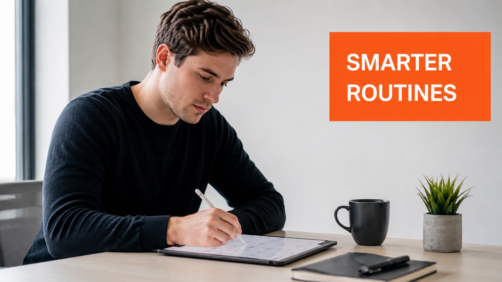 A focused man in a black sweater uses a stylus to write on a tablet screen.