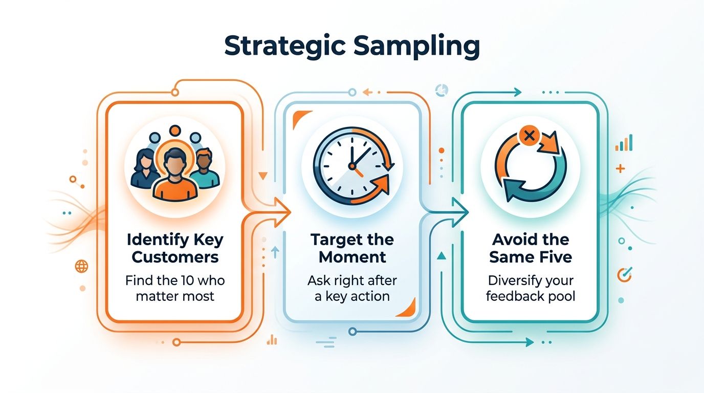 An infographic titled Strategic Sampling showing three steps for effective customer feedback collection.