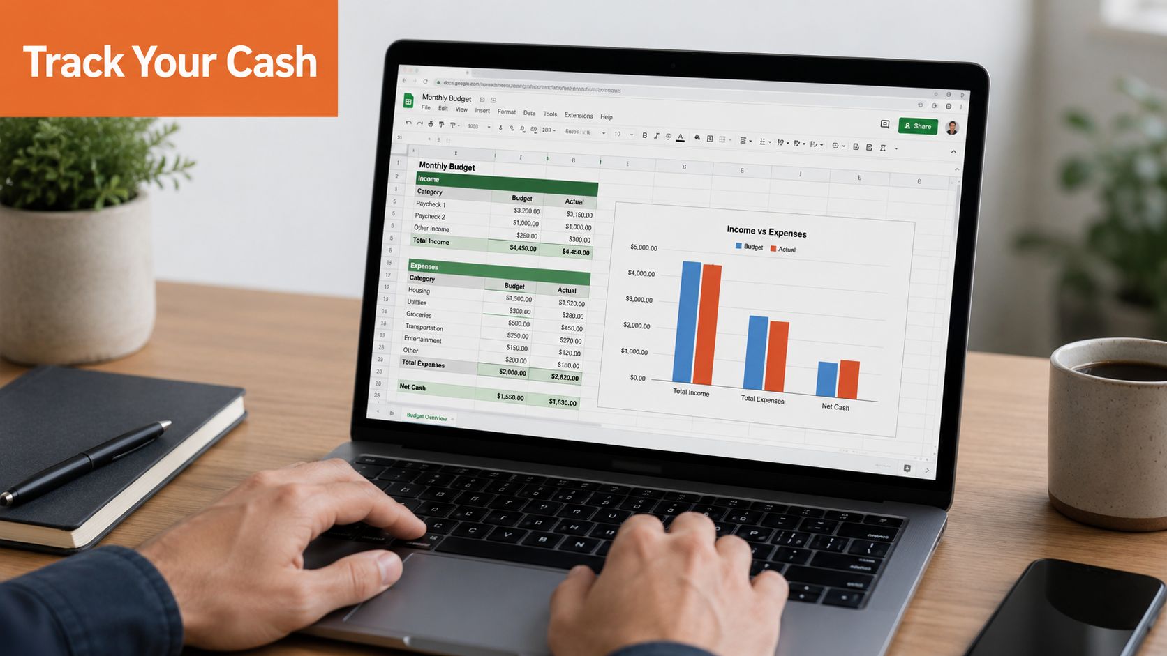 A person working on a laptop displaying a digital monthly budget spreadsheet with income and expense data.
