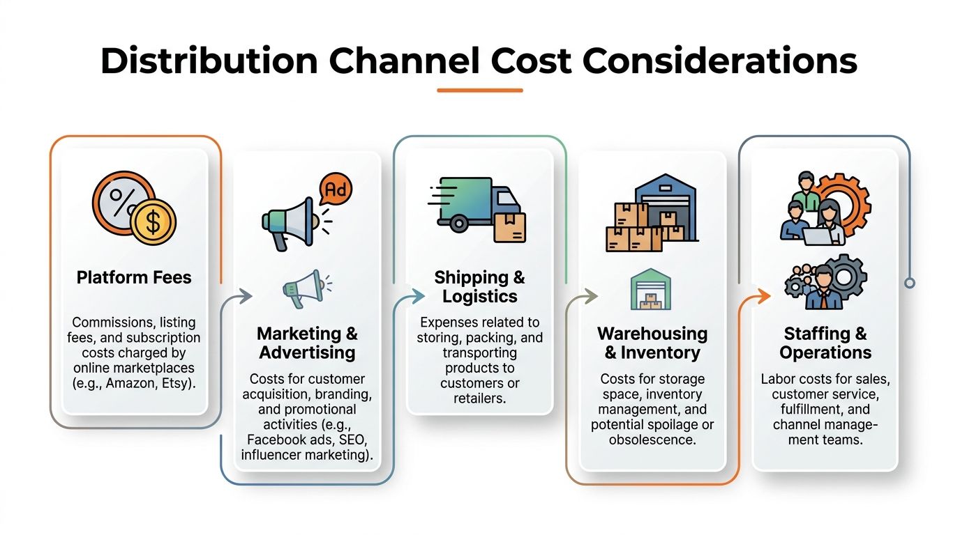 An infographic titled Distribution Channel Cost Considerations illustrating five key business expense categories for product distribution.