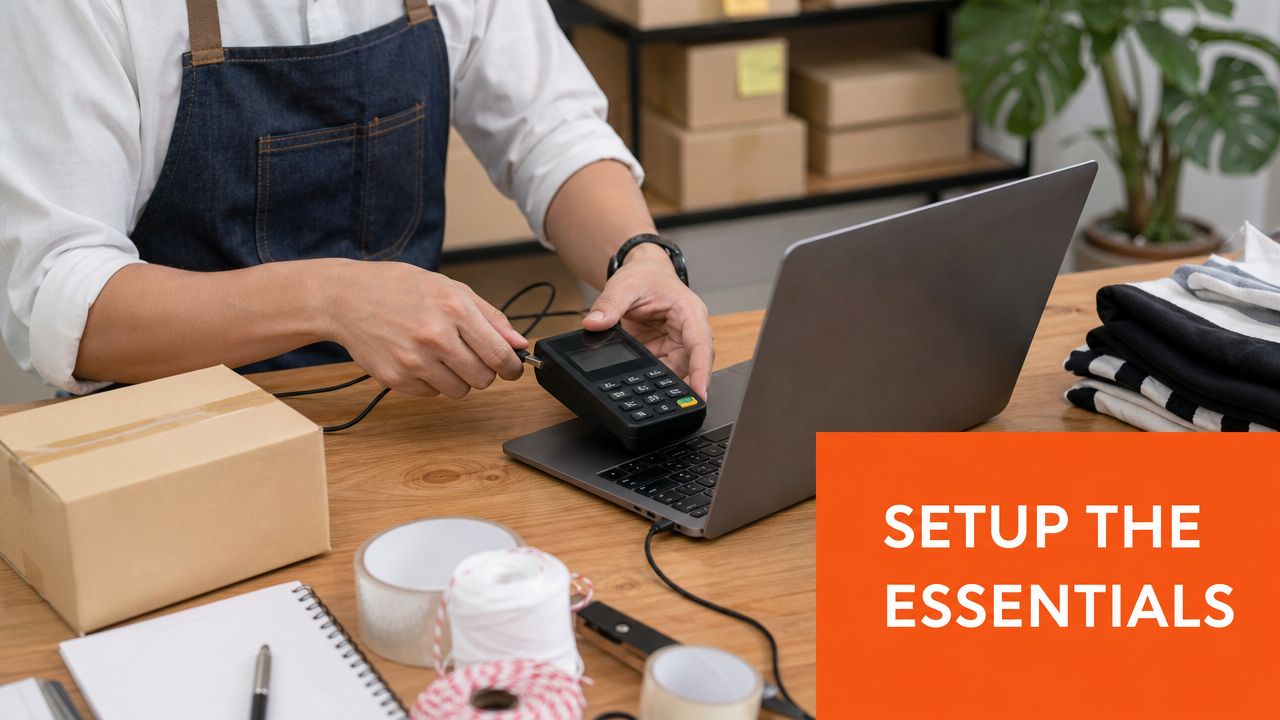 A person in an apron connects a card reader to a laptop to manage e-commerce orders.