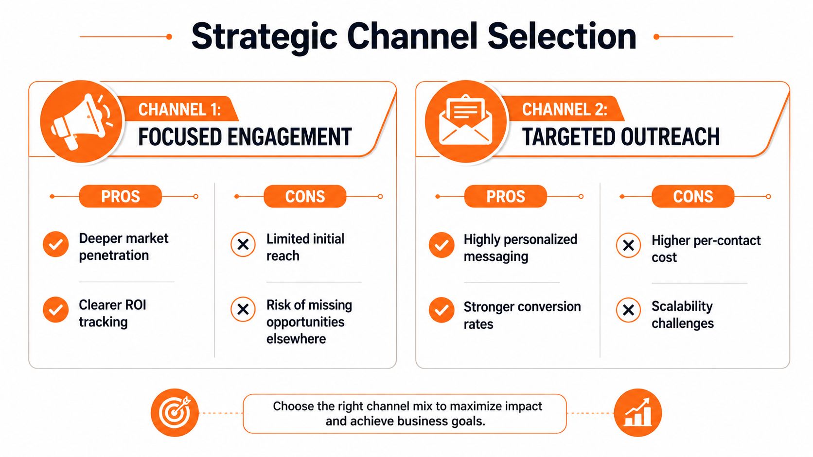 A comparison chart outlining the pros and cons of focused engagement versus targeted outreach for business strategy.