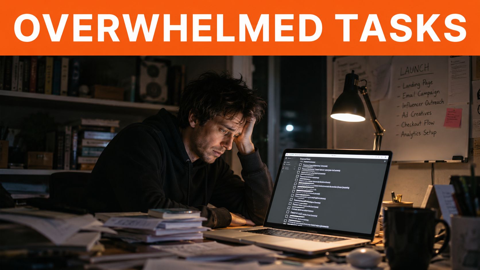 A stressed man working late at night on a laptop with a long to-do list.