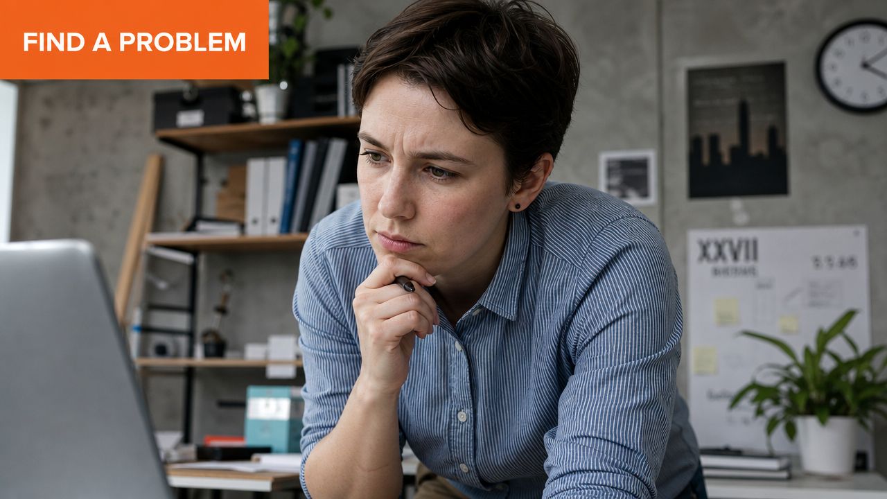 A focused woman sitting at her desk, deeply contemplating a solution while looking at her laptop screen.