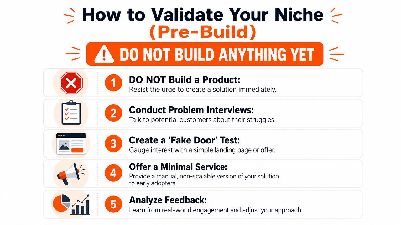 An infographic titled How to Validate Your Niche showing five essential pre-build business testing steps.