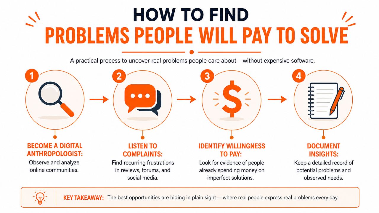 A four-step infographic illustrating a process to discover profitable business ideas by identifying common consumer problems.