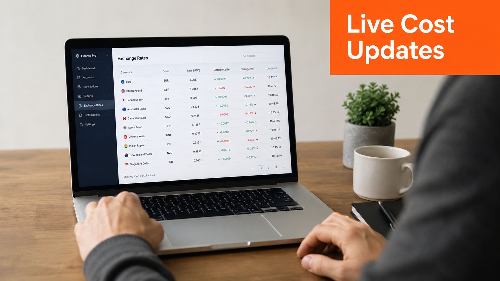 A person using a laptop to view live currency exchange rates on a finance tracking dashboard interface.