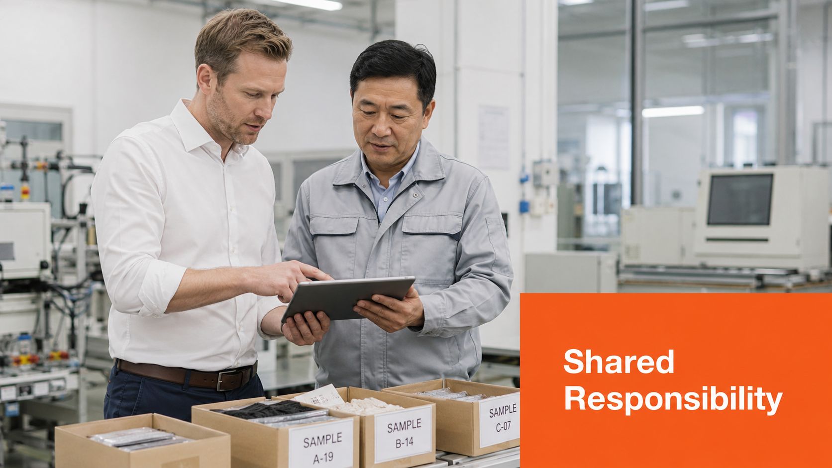 A professional man and a technician in a factory discuss data on a tablet by sample boxes.