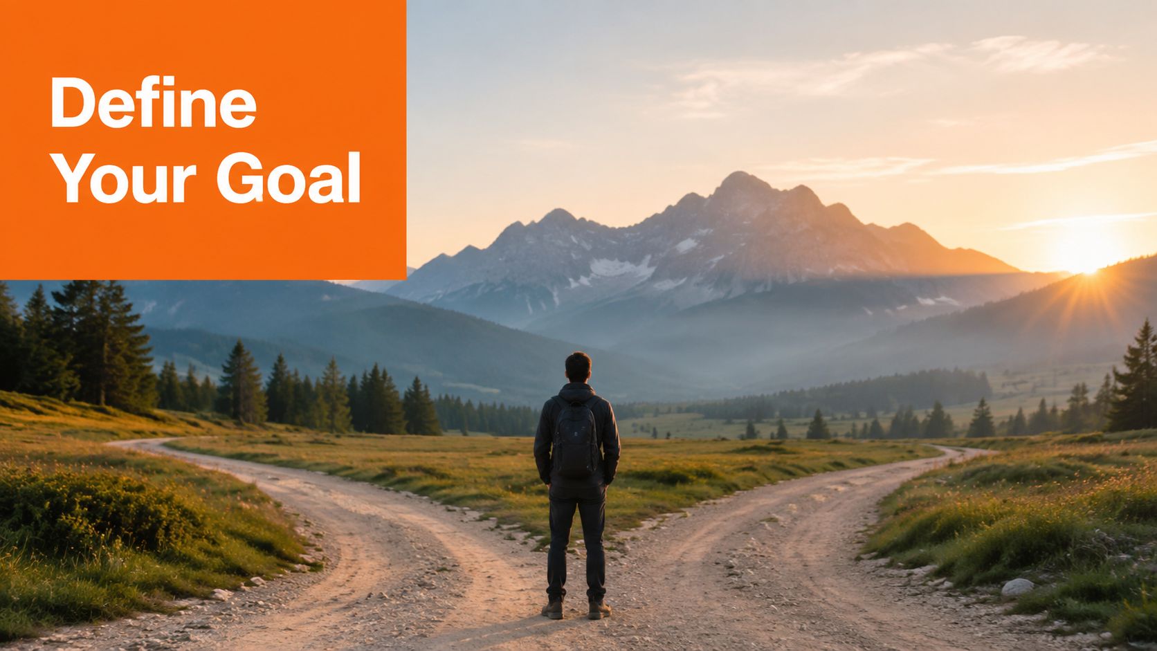 A person standing at a fork in the road contemplating which direction to choose at sunrise.