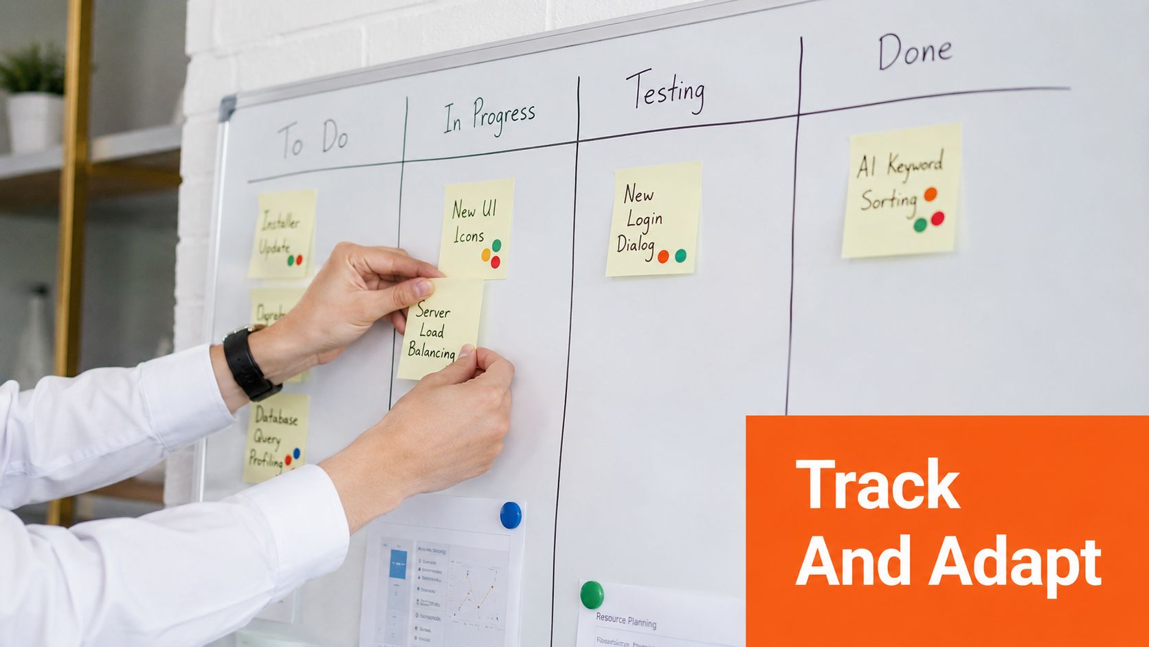 A professional person moving a sticky note on a kanban whiteboard to manage tasks during a project.