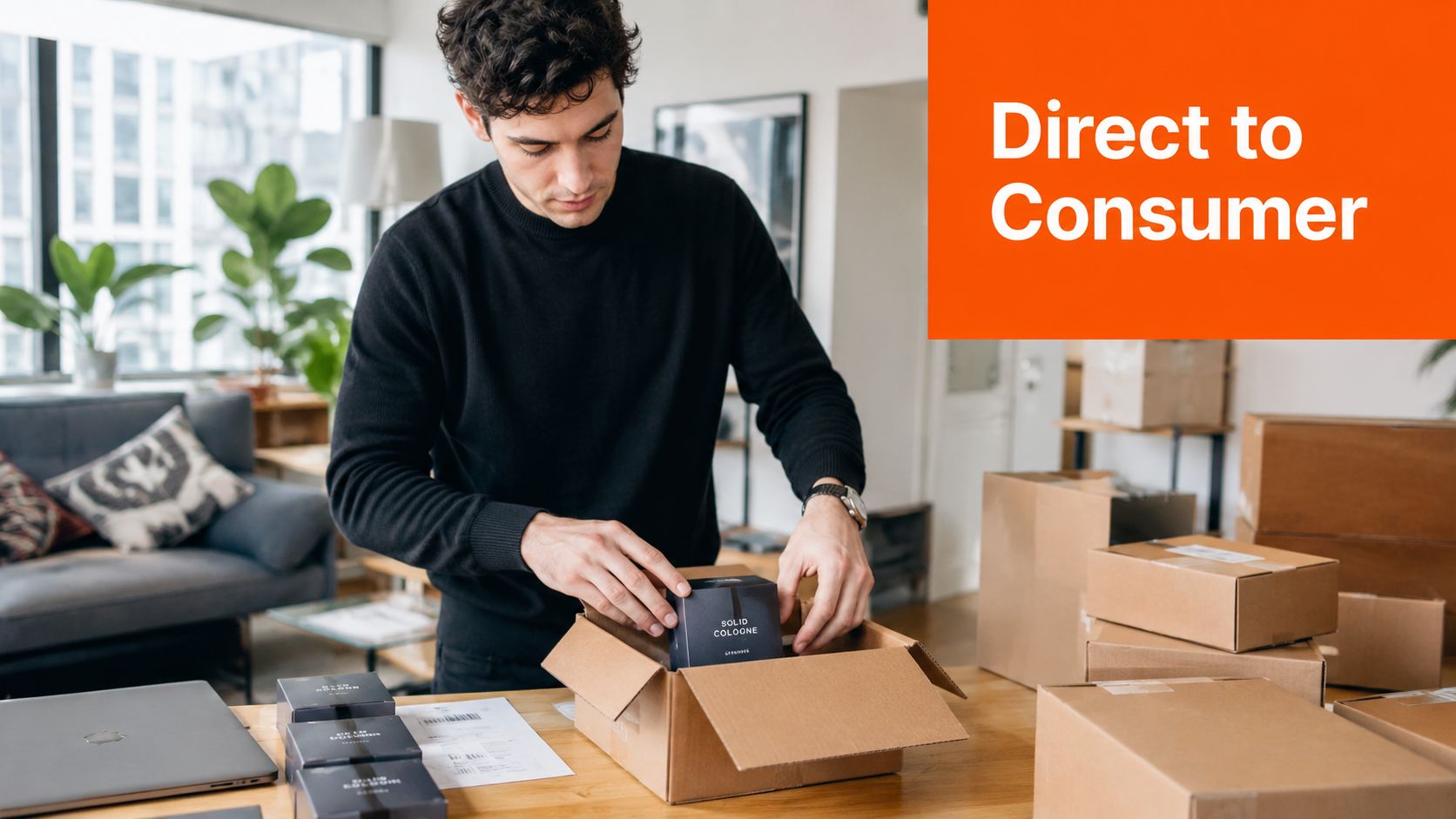 A man in a black sweater packing a solid cologne product into a shipping box for delivery.