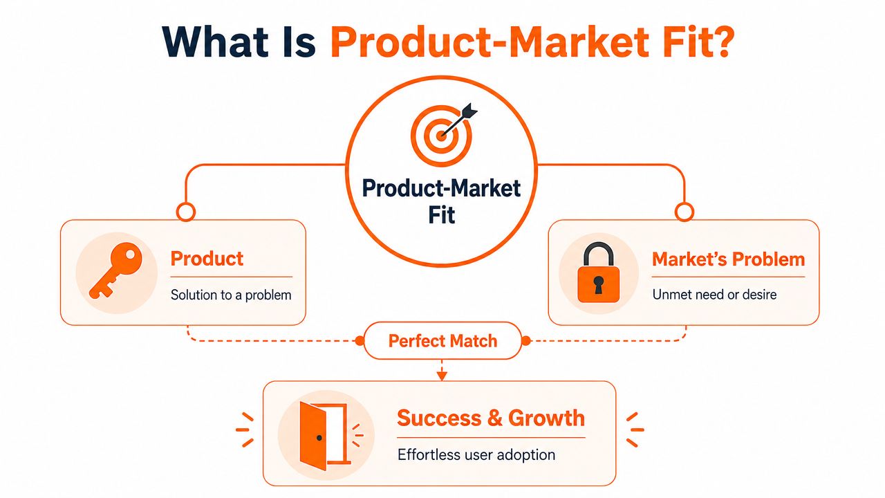 A diagram illustrating product-market fit as the alignment between a product and a market's problem, leading to growth.