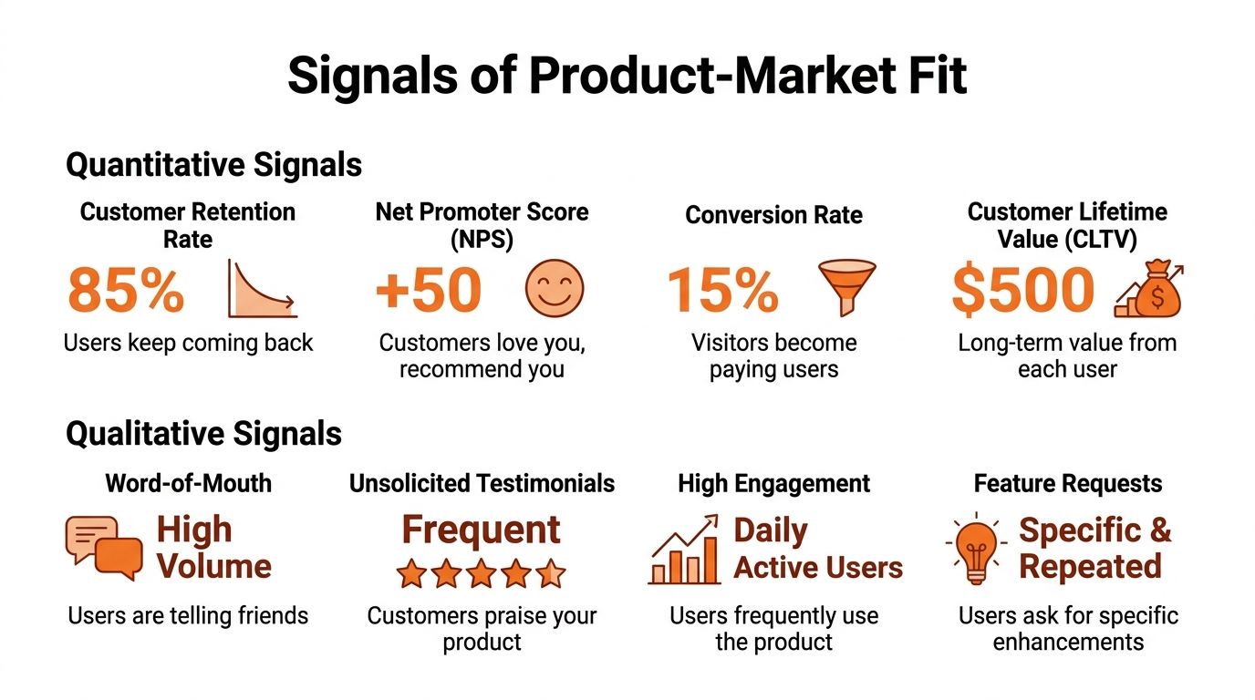 An infographic showing quantitative and qualitative signals of product-market fit including retention, NPS, and testimonials.