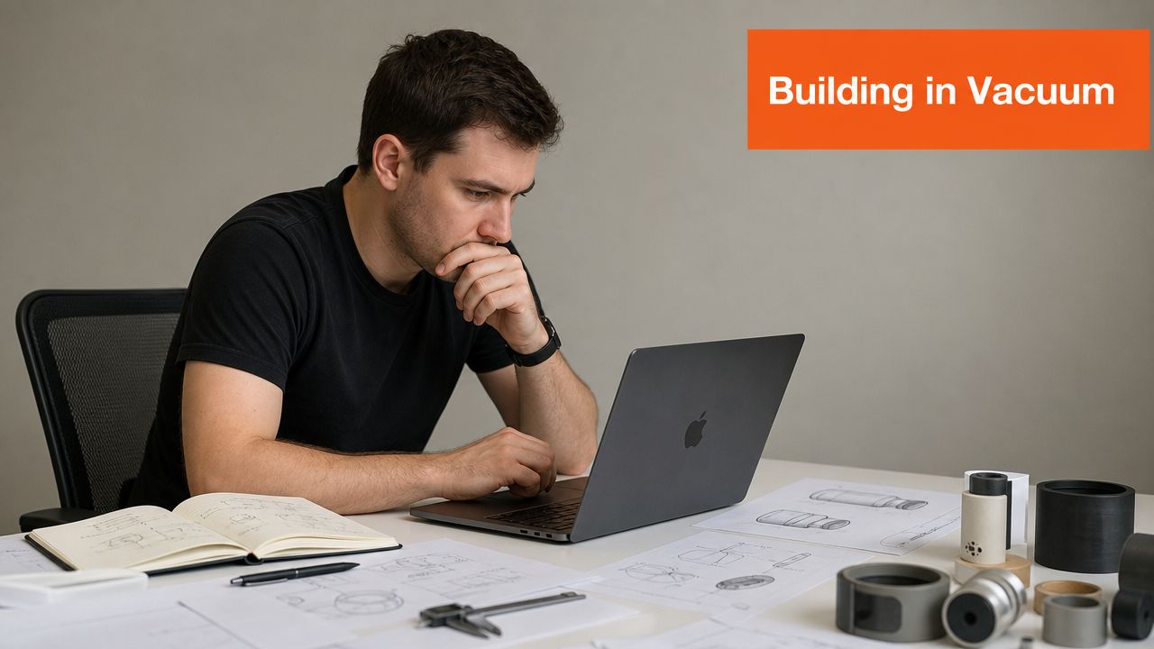 A focused engineer working on a laptop surrounded by technical drawings and industrial design prototypes.