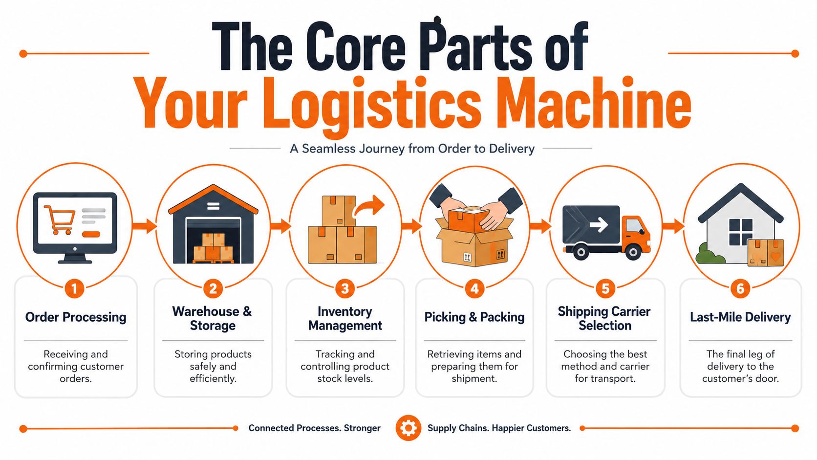 A six-step infographic illustrating the core logistics machine process from order processing to last-mile delivery.