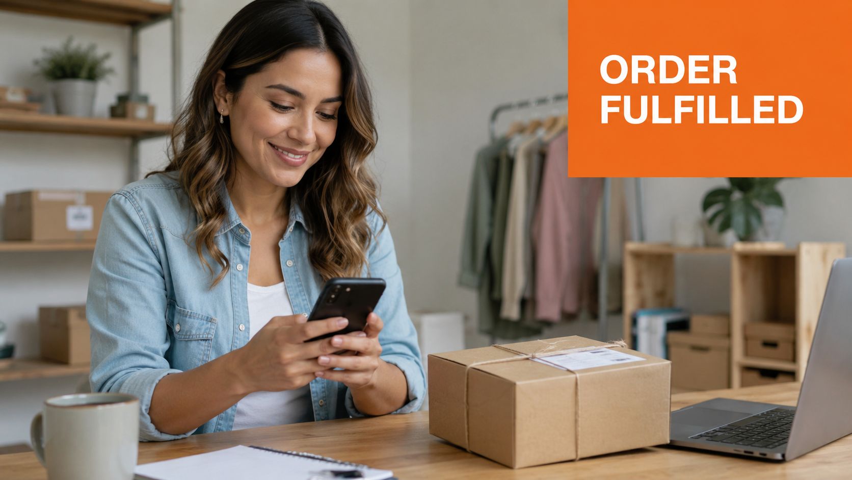 A smiling woman checks her smartphone while sitting at a desk with a shipping box in a warehouse.