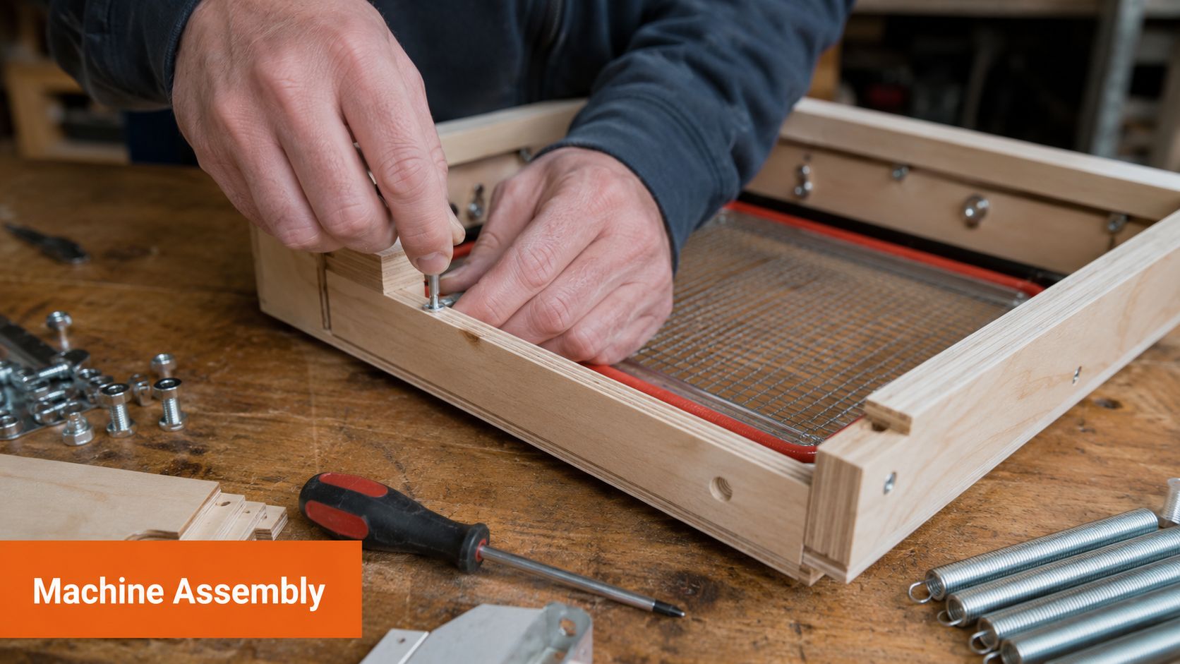 A craftsman assembles a wooden frame for a DIY vacuum forming machine using a screwdriver and bolts.