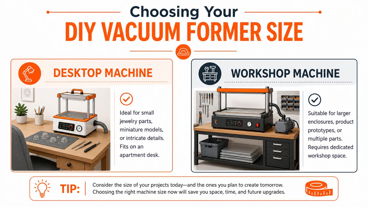 An infographic comparing desktop and workshop vacuum forming machines to help users choose the right size.