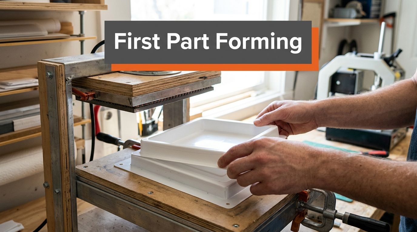 A person using a DIY vacuum forming machine to shape a white plastic tray in a workshop.