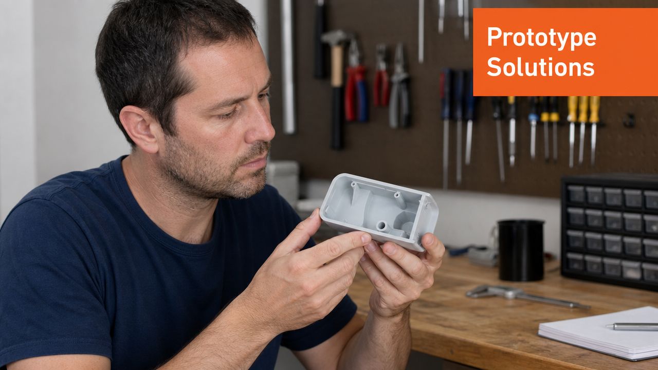 A professional man inspecting a plastic prototype component held in his hands at a workbench.