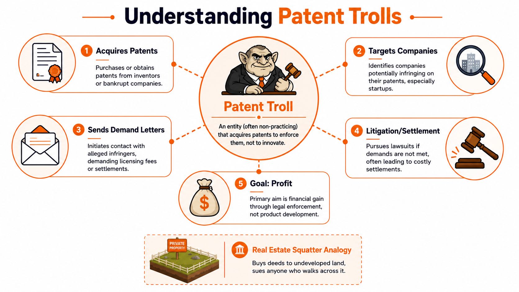 An infographic diagram explaining the process of how patent trolls operate and their core business model.