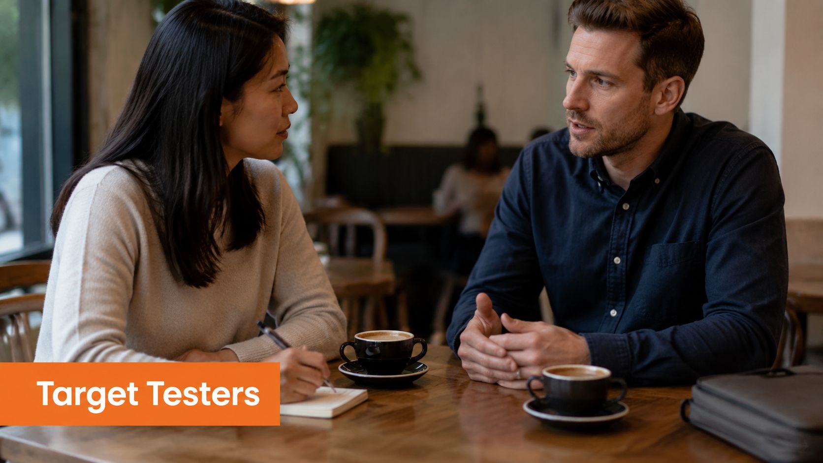 A professional man and woman discuss business strategies while sitting at a coffee shop table.
