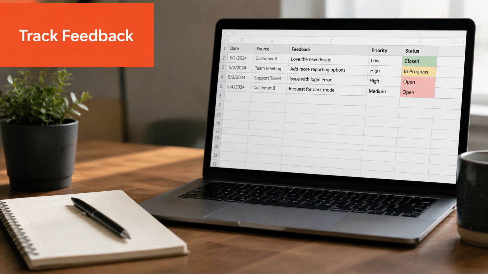 A laptop on a wooden desk displaying a spreadsheet for tracking user feedback and support tickets.