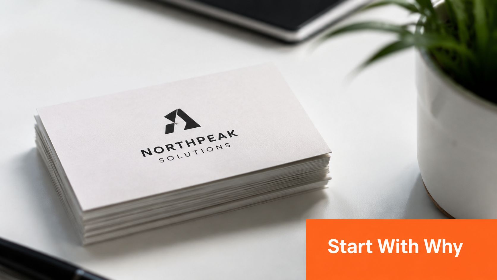 A stack of professional business cards with the Northpeak Solutions logo placed on a white desk.