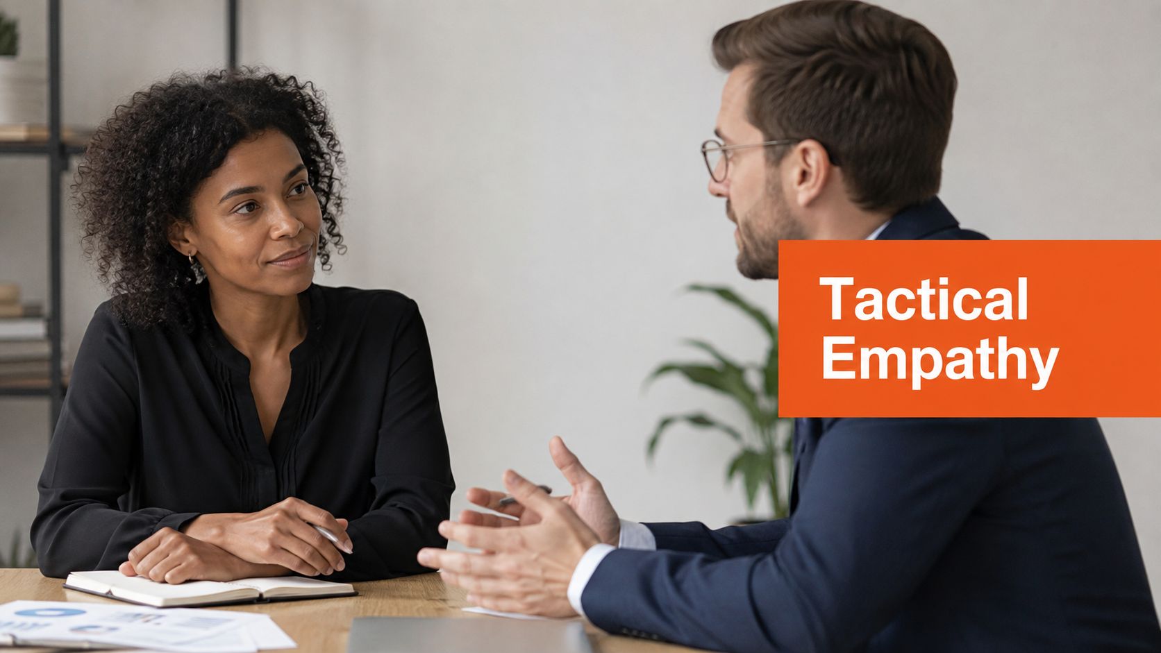 A professional man and woman engaged in a deep business conversation during a workplace meeting.