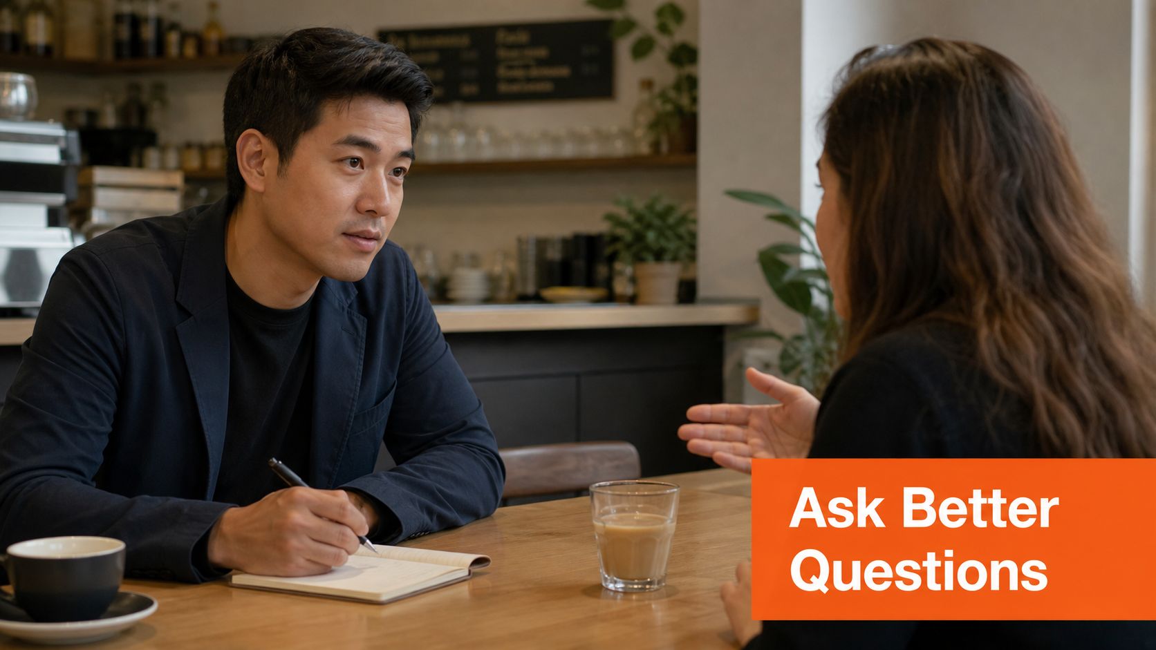 A man in a blazer takes notes while interviewing a woman in a casual cafe setting.