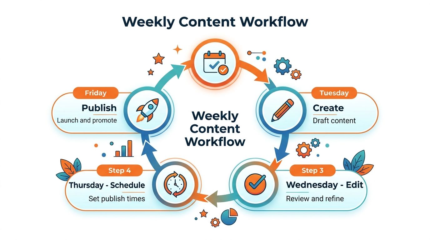 A circular infographic depicting a five-step weekly content marketing workflow for planning and publishing digital content.