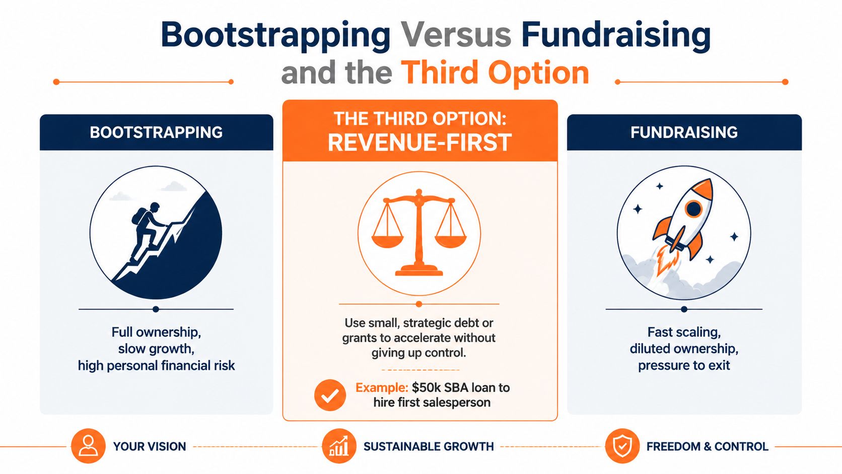 A comparison chart showing bootstrapping, fundraising, and a revenue-first approach to building and growing a company.